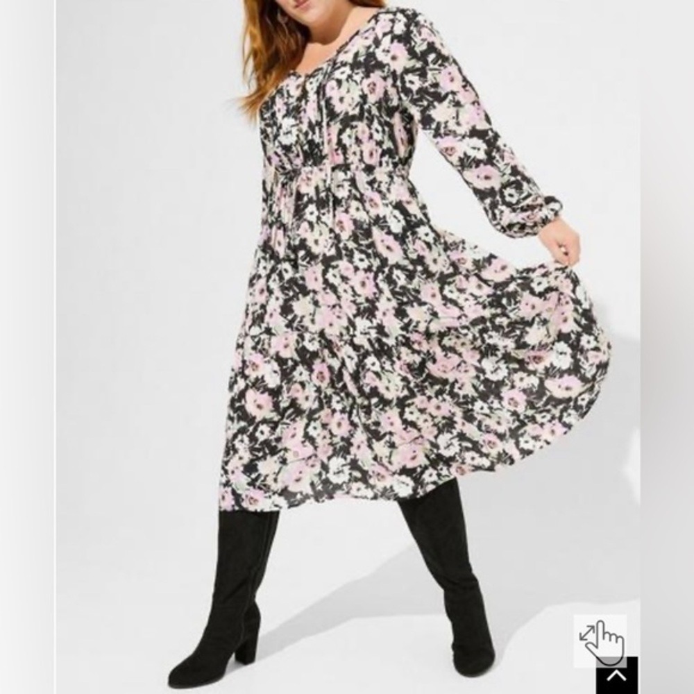 Torrid Midi Swiss Dot Pleat Long Sleeve Dress‎ size 1X floral print